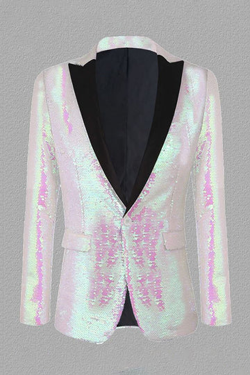 Glitrende hvite paljetter Peak Lapel menn Prom Blazer